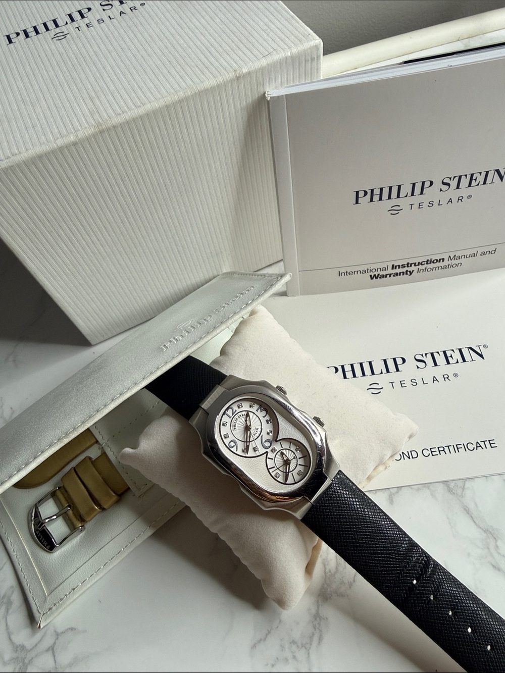 Philip Stein Large Diamond Watch Silver Case Dual-Dial Watch with Black Strap
